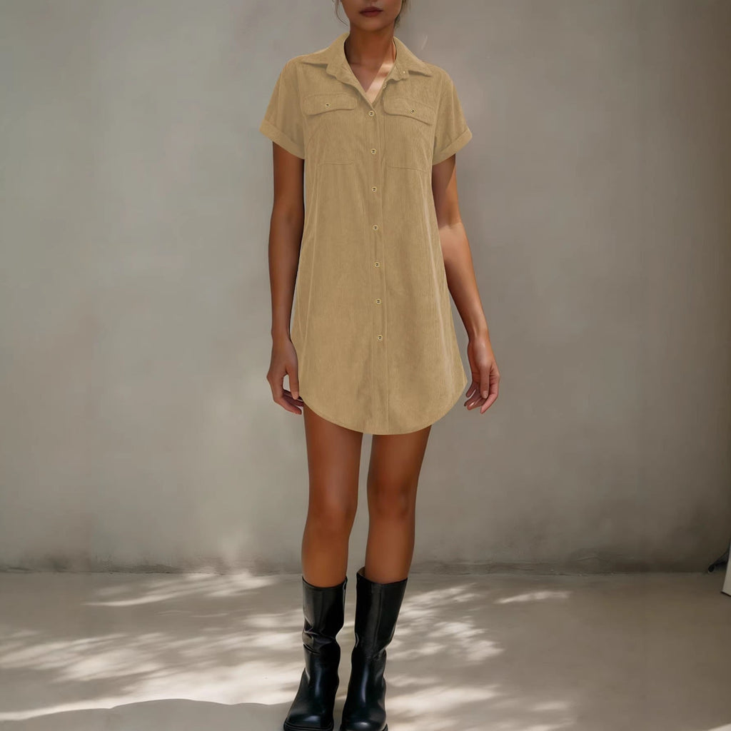 Independent Site Cross-Border Foreign Trade Retro Casual Corduroy Shirt Dress Loose Slimming Short-Sleeve Turn-Down Collar Dress Women's Clothing