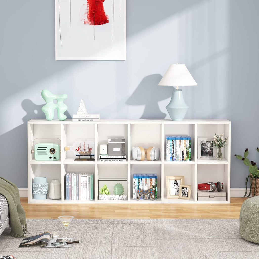 71.65" White Narrow 12-Cube Modern Bookcase