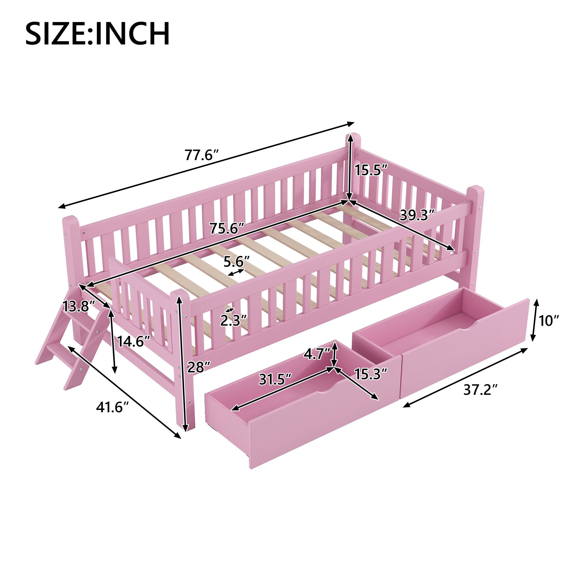 Wood Twin Size Platform Bed with Guardrail and 2 Drawers