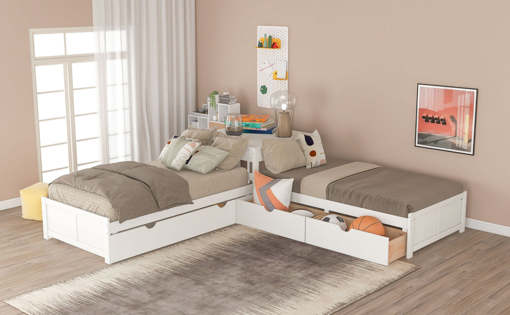 L-shaped Platform Bed with Trundle and Built-in Desk