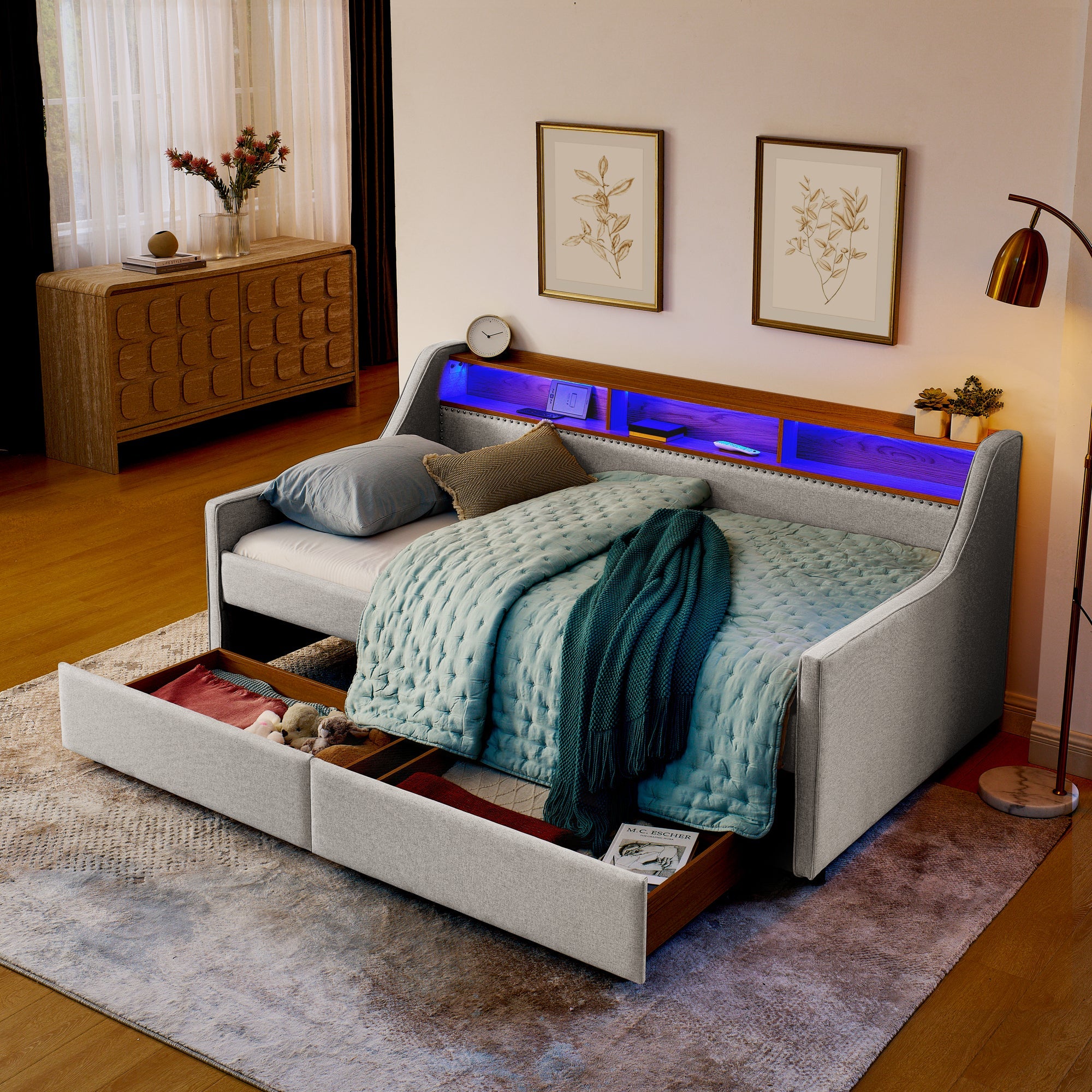 Twin Size Upholstery Sofa Bed with LED Lights
