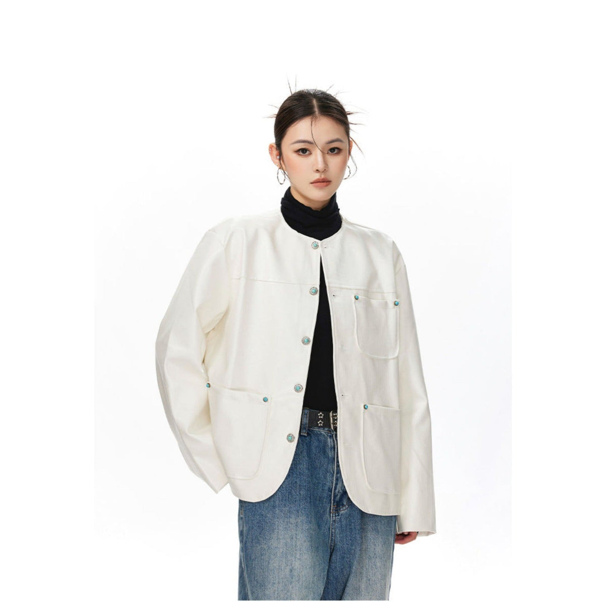 Womens Black Alligator-Print Collarless Leather Jacket
