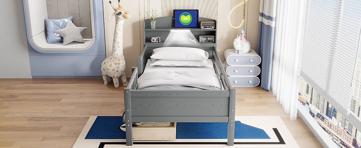 Wood Twin Size Platform Bed with Built-in LED Light