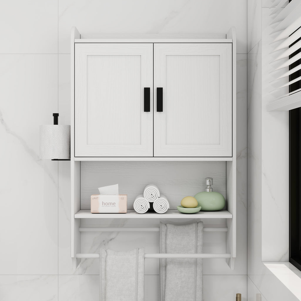 Bathroom Wall Cabinet with Doors, Adjustable Shelf, Towel Bar and Paper Holder
