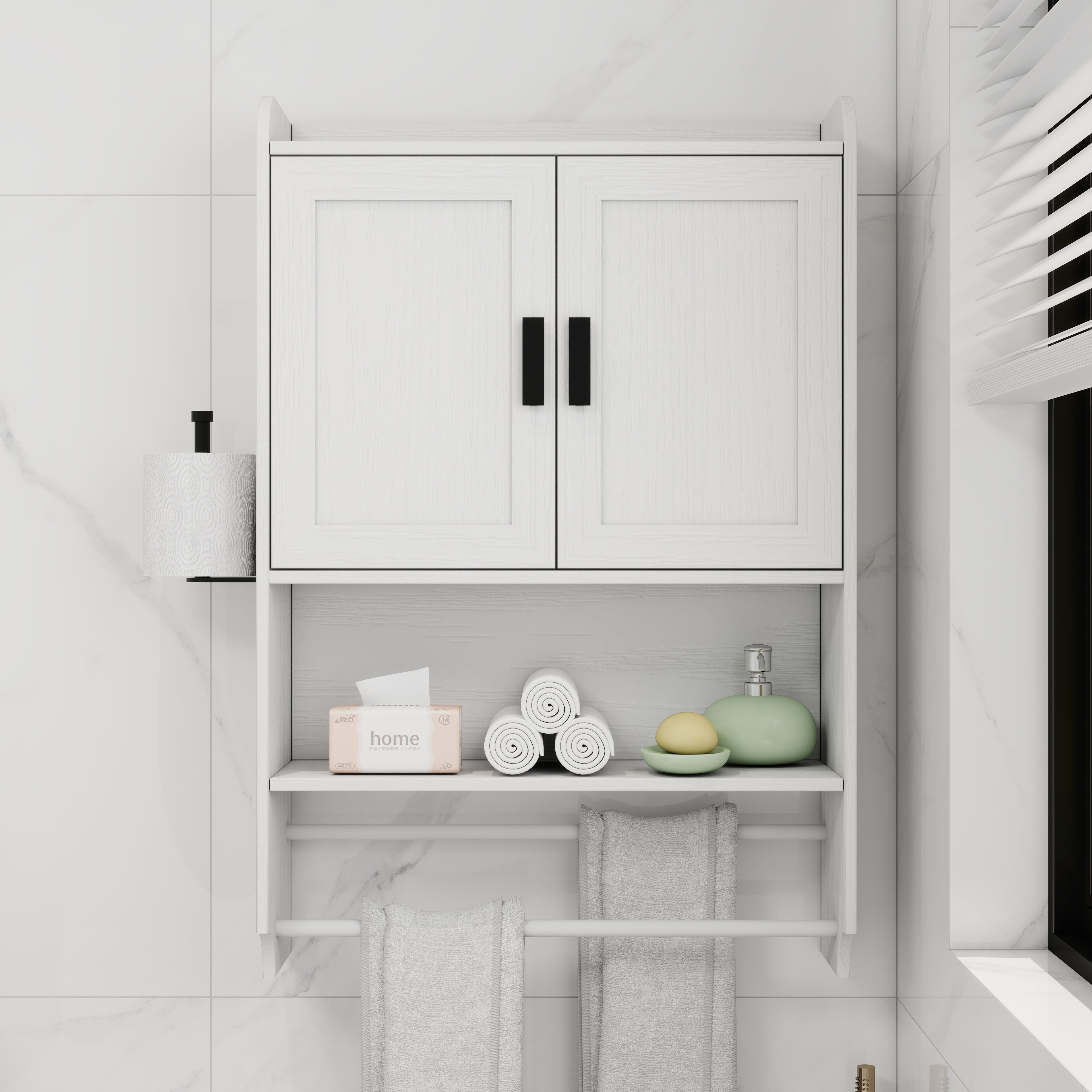 Bathroom Wall Cabinet with Doors, Adjustable Shelf, Towel Bar and Paper Holder