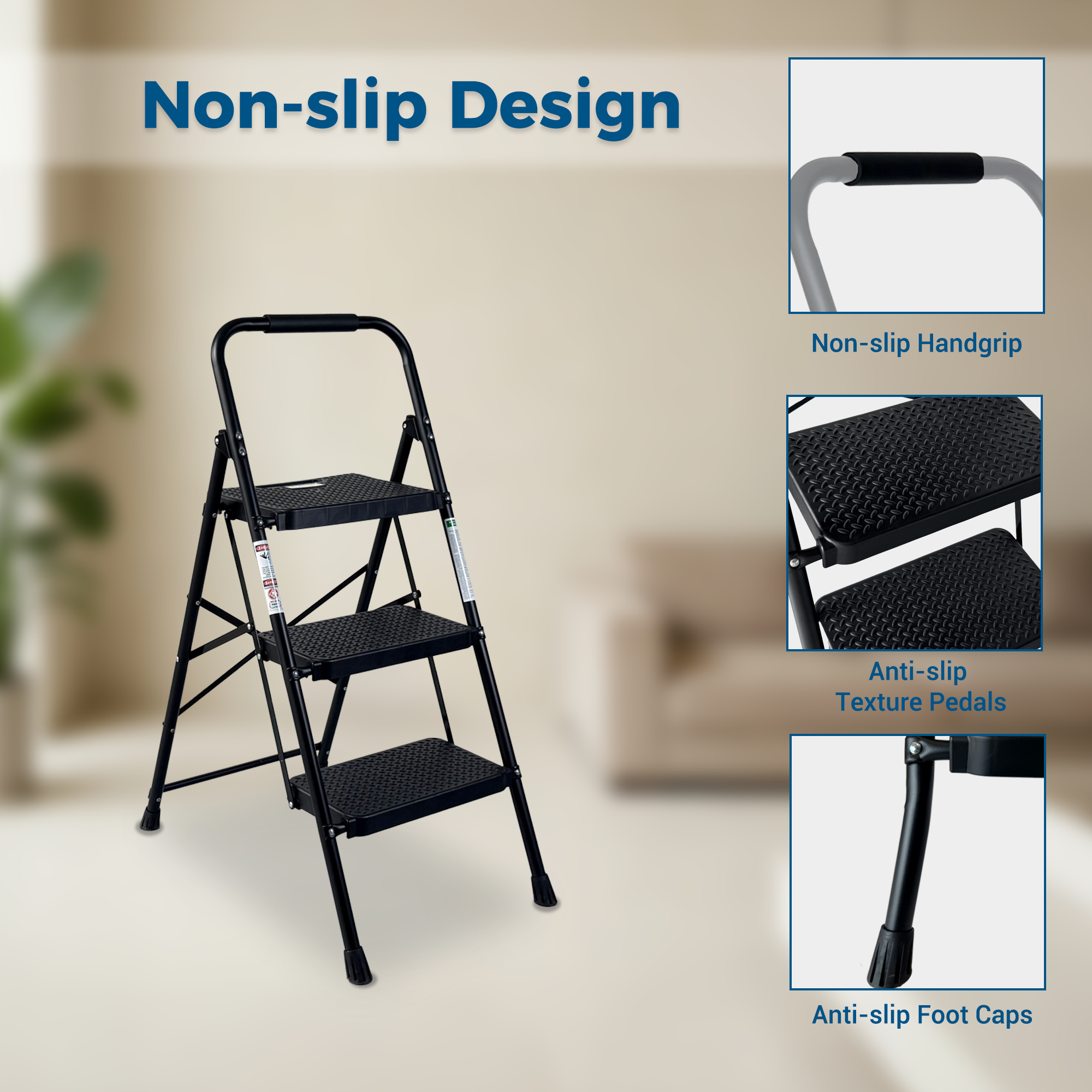 3 Step Ladder with Wide Anti-Slip Pedal