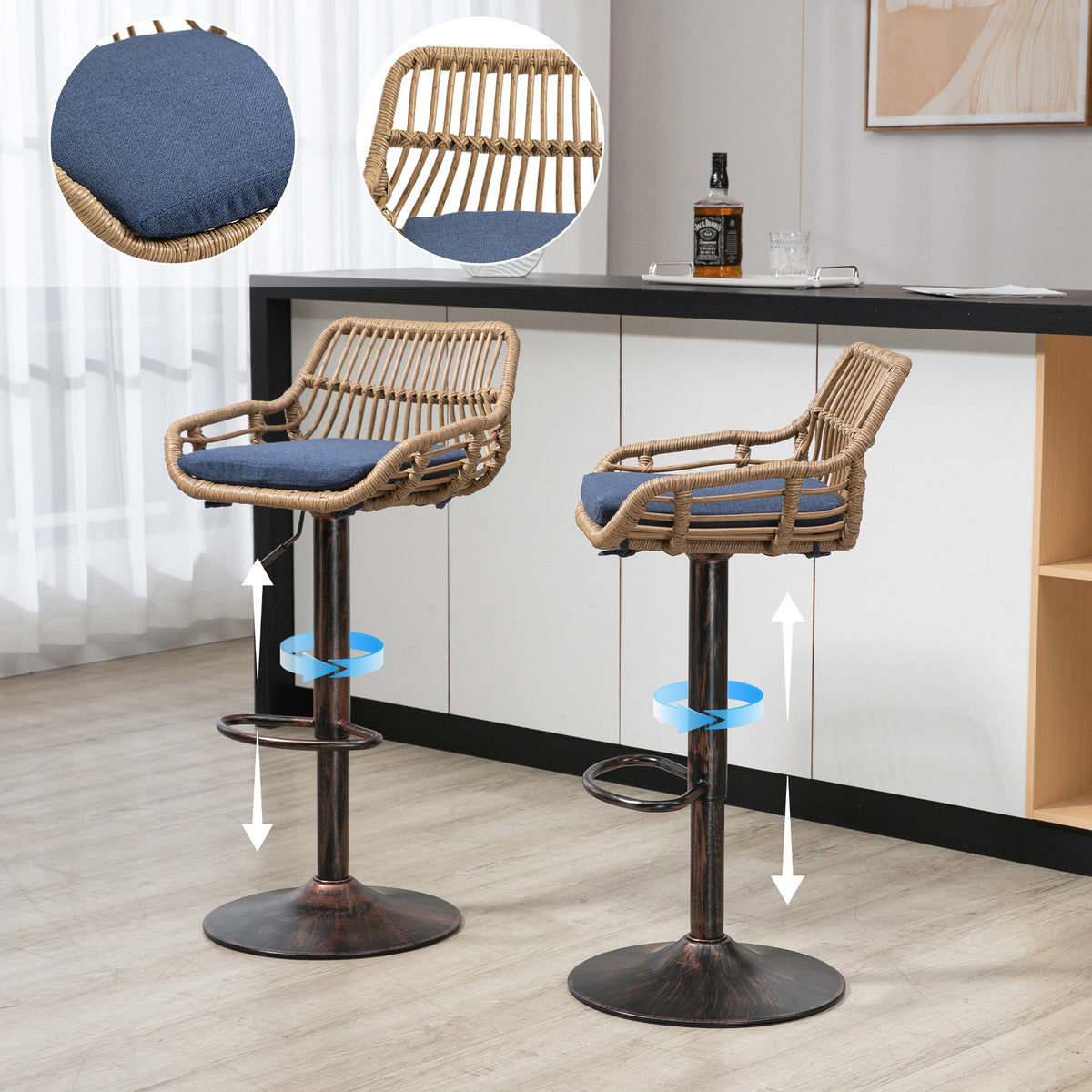 Modern Swivel Bar Stools Set of 2 Adjustable Counter Height Chairs