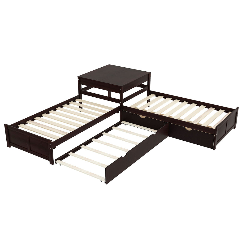 L-Shaped Platform Bed with Trundle and Built-in Desk