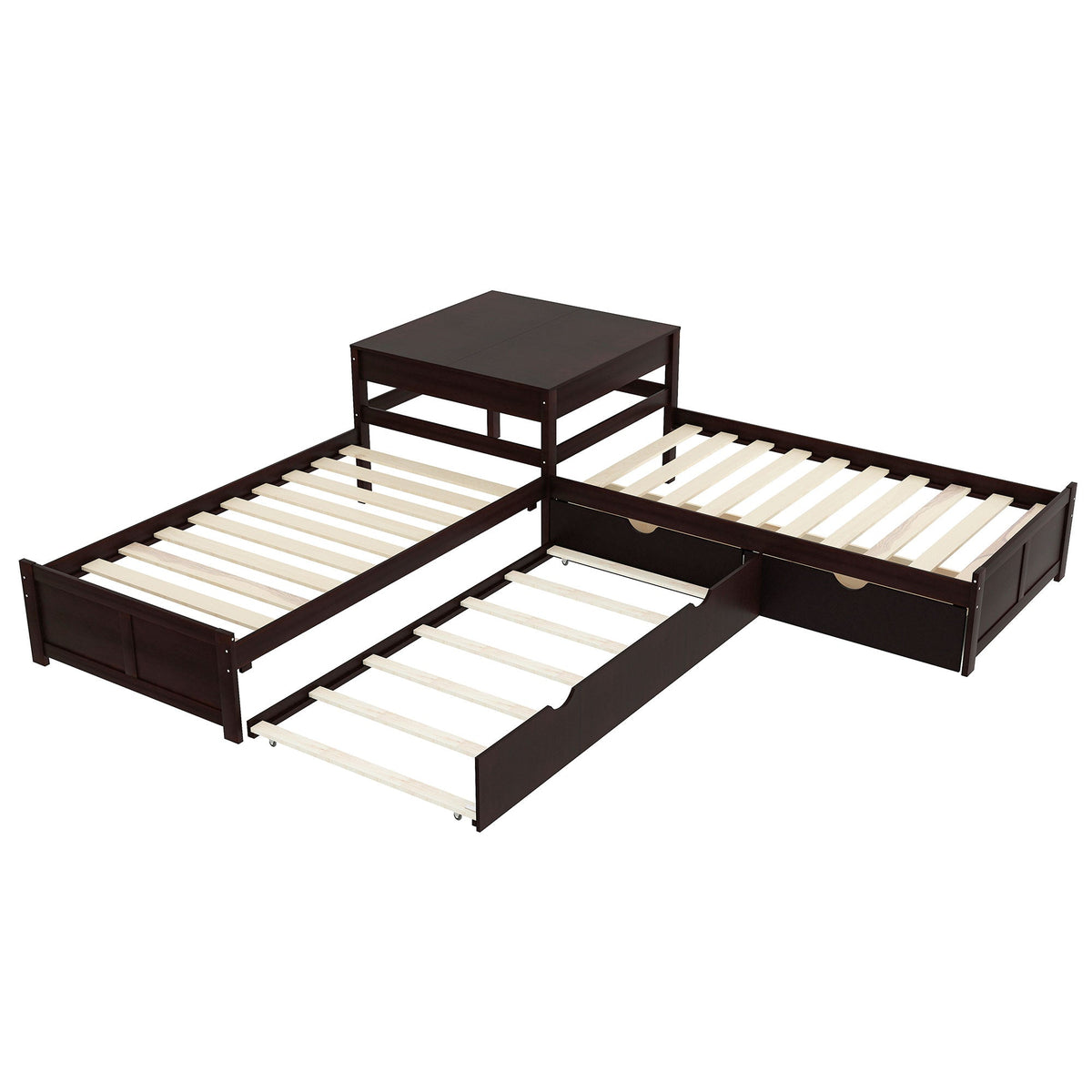 L-Shaped Platform Bed with Trundle and Built-in Desk