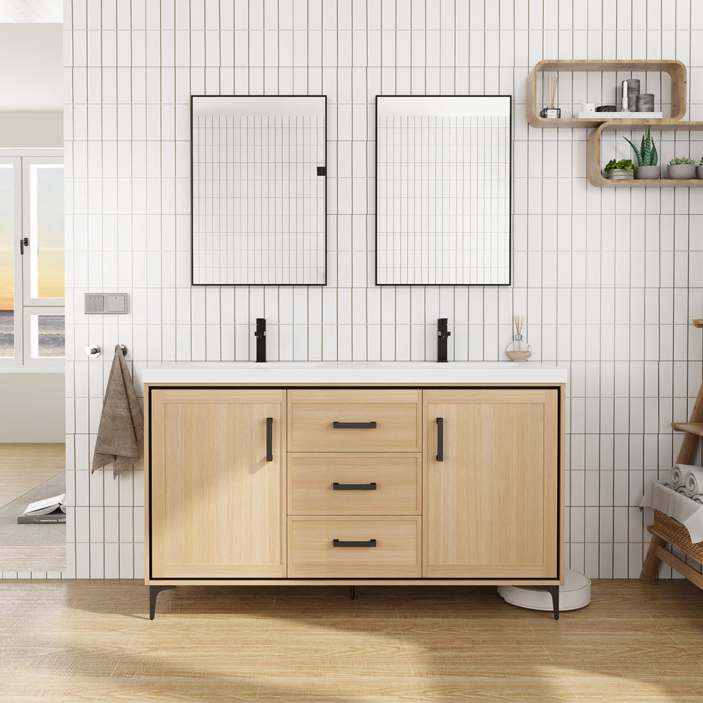 60" Freestanding Bathroom Vanity with Double Resin Sink