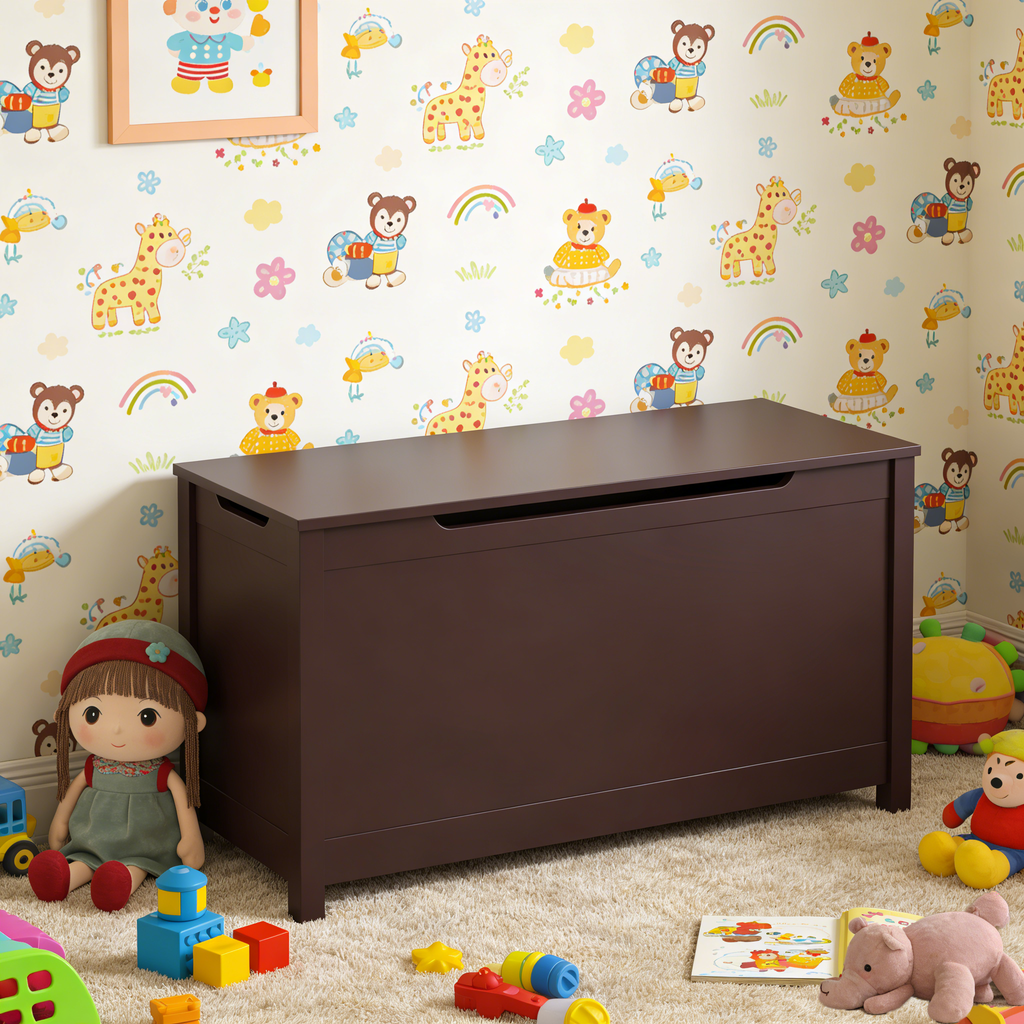Kids Wooden Toy Box Storage with Safety Hinged Lid for Ages 2+