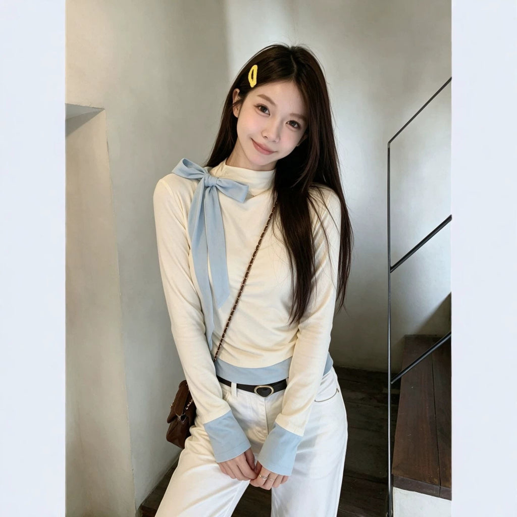 Light Blue Long-sleeved Blouse With A Bow For Women