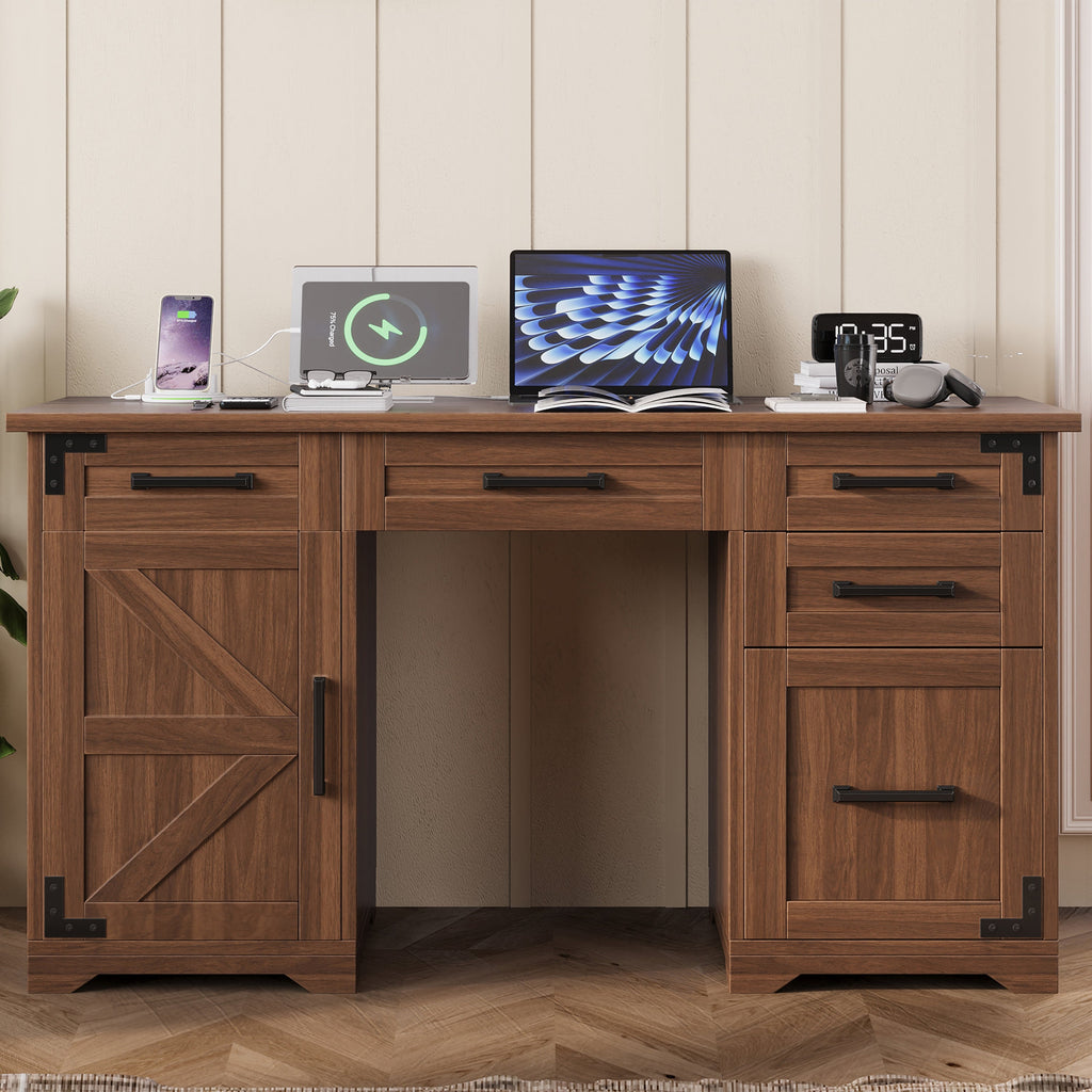 55" Farmhouse Executive Desk with Charging Station