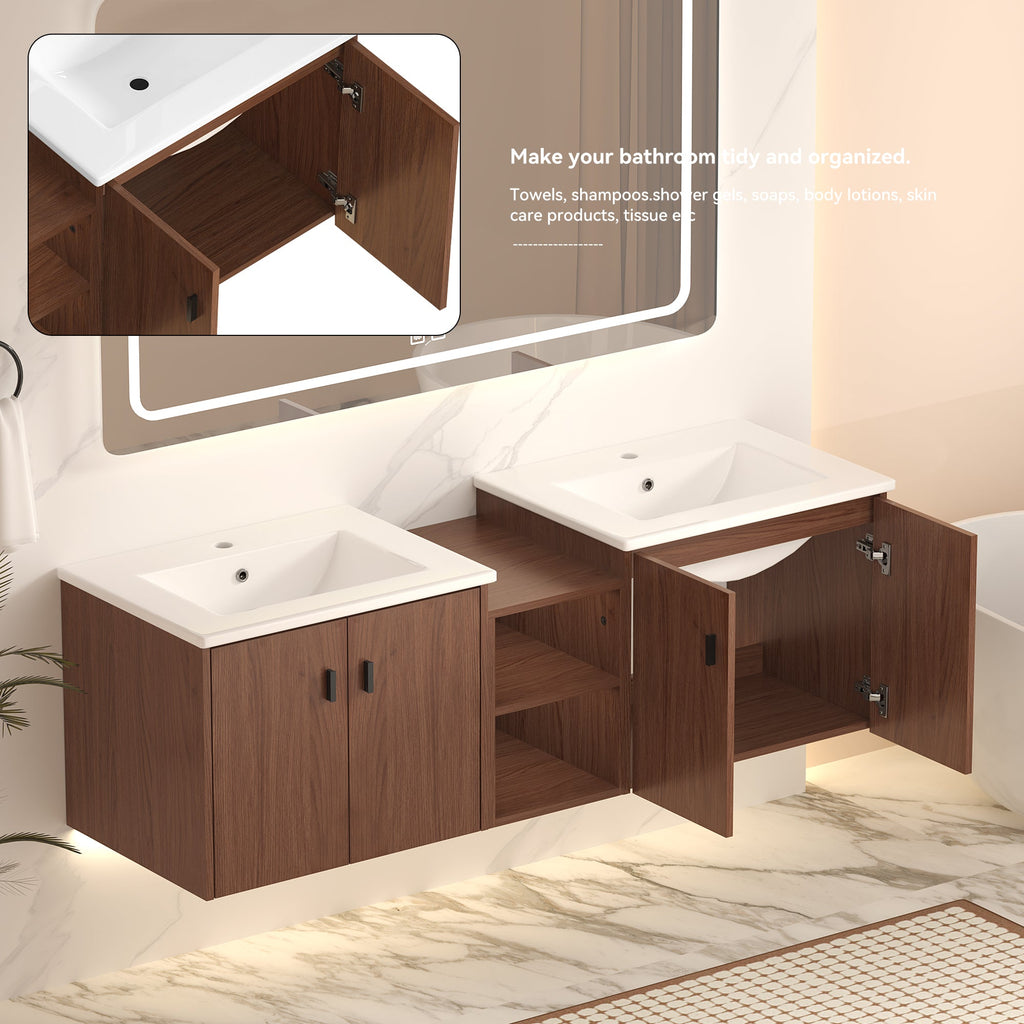 60in Reddish Brown Bathroom Vanity with Soft Close Doors