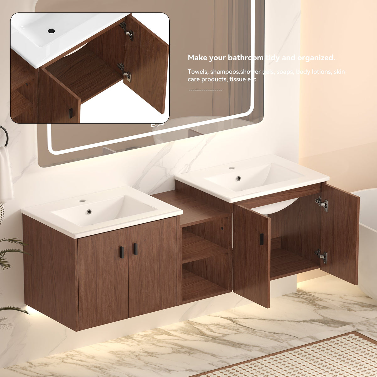 60in Reddish Brown Bathroom Vanity with Soft Close Doors