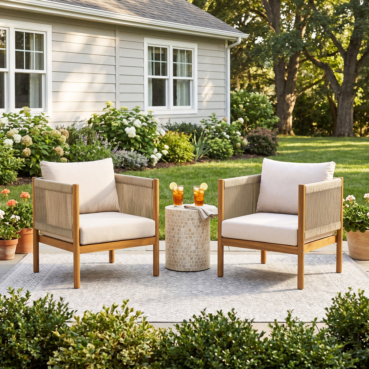 Outdoor Club Chair Set of 2 with Acacia Wood Frame in Teak Look