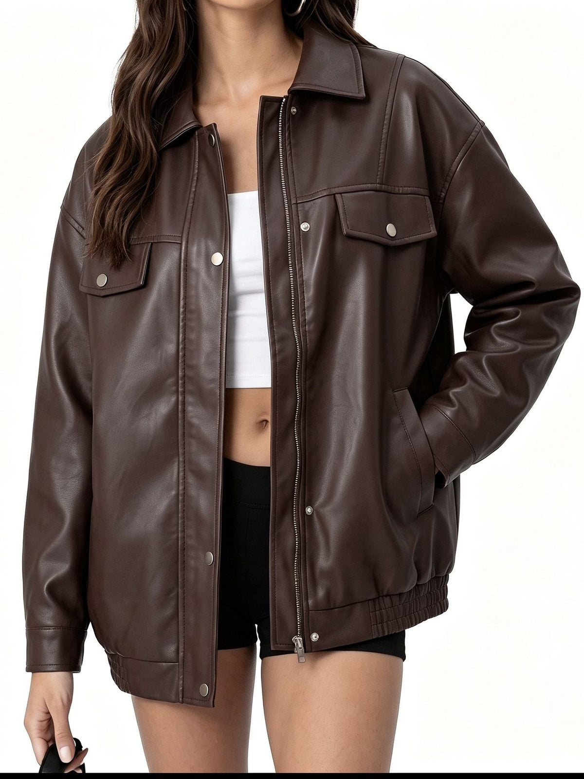 Cross-border European Size Women's PU Leather Short Slim-fit Jacket Spring And Autumn Thin Biker Suit Vertical Collar Jacket Fashion Women's Clothing