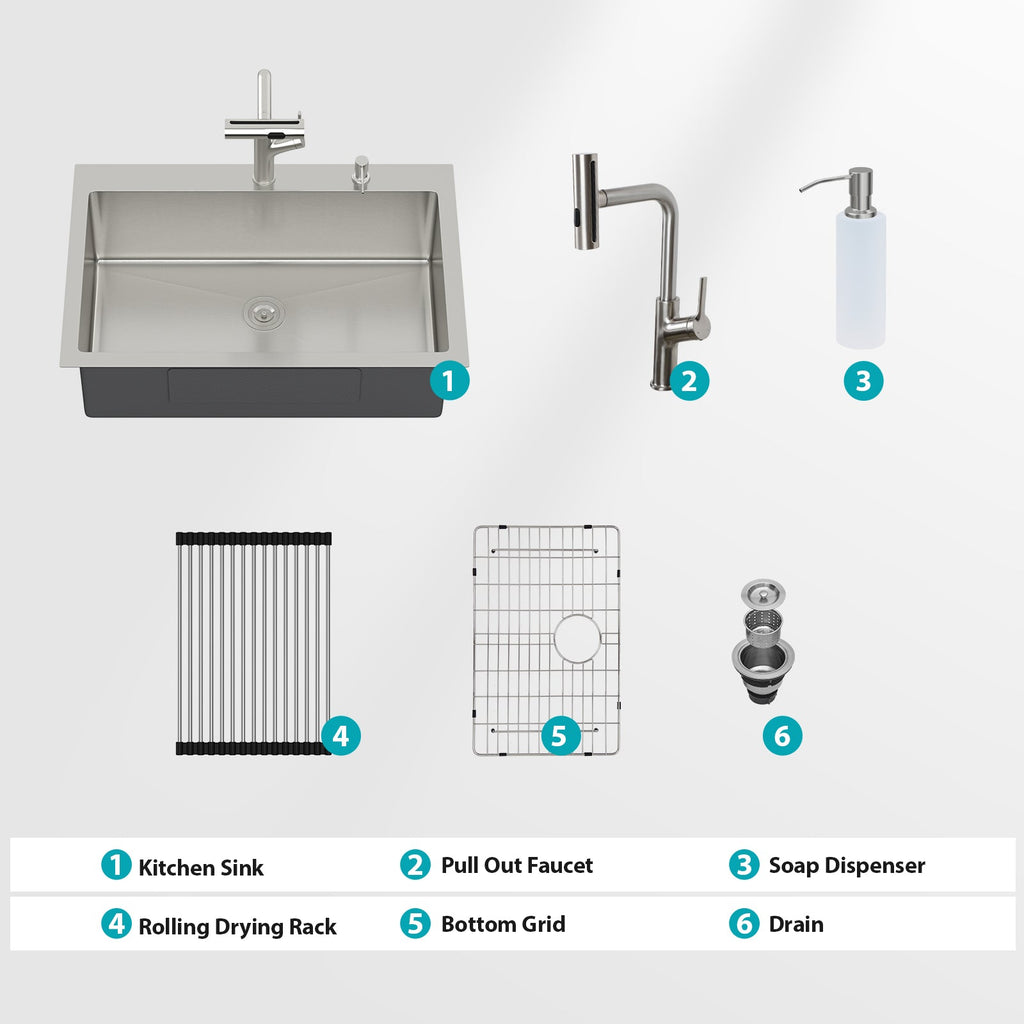 30" Drop-in Kitchen Sink with Pull-out Faucet and Soap Dispenser