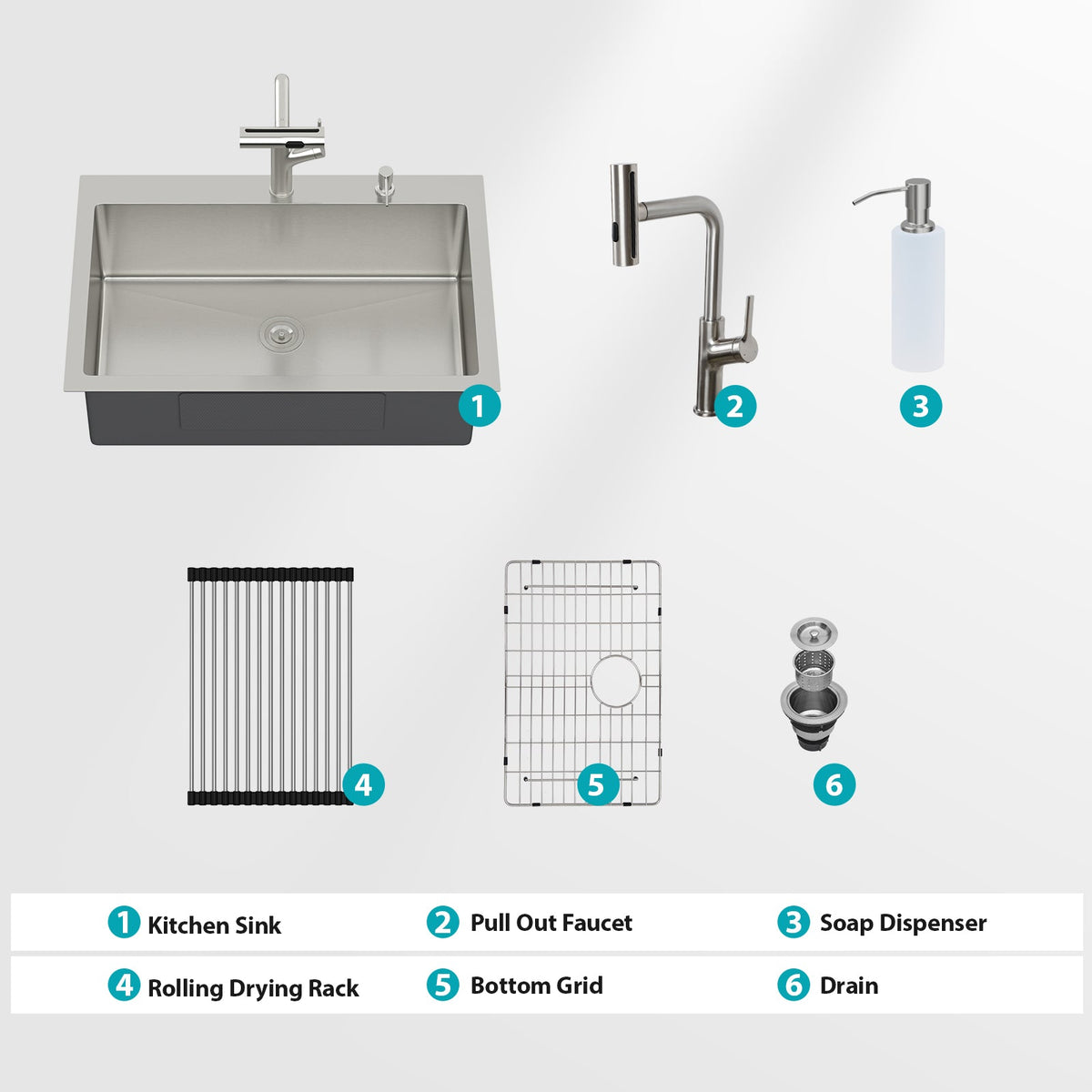 30" Drop-in Kitchen Sink with Pull-out Faucet and Soap Dispenser