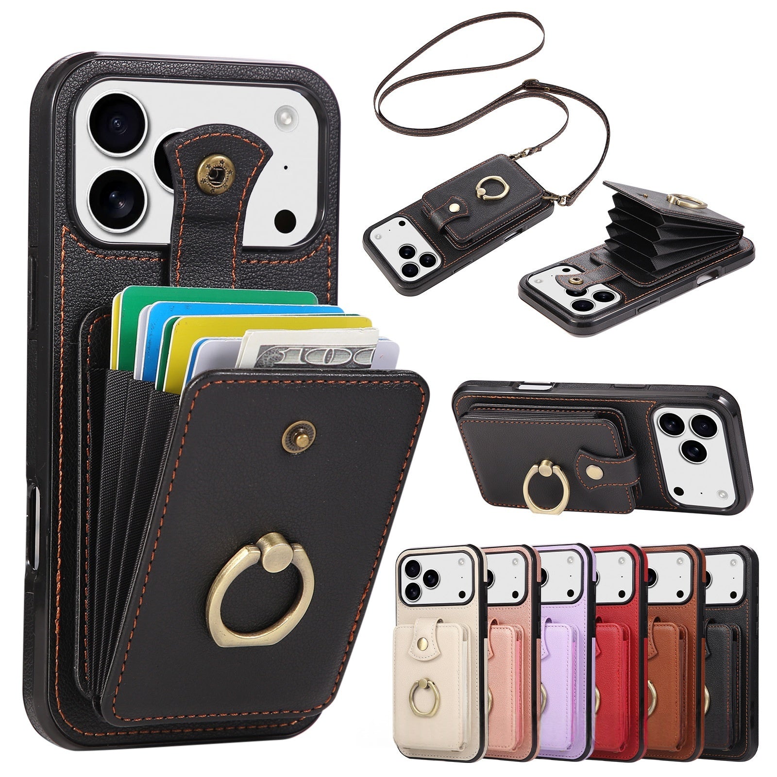 Leather Phone Case With Ring Holder And Card Slot Drop Proof Protective Case