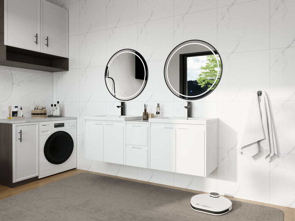 60" Bathroom Vanity With Resin Sink, Soft Close Doors and 1-Side Cabinet, Float Mounting Design, Glossy