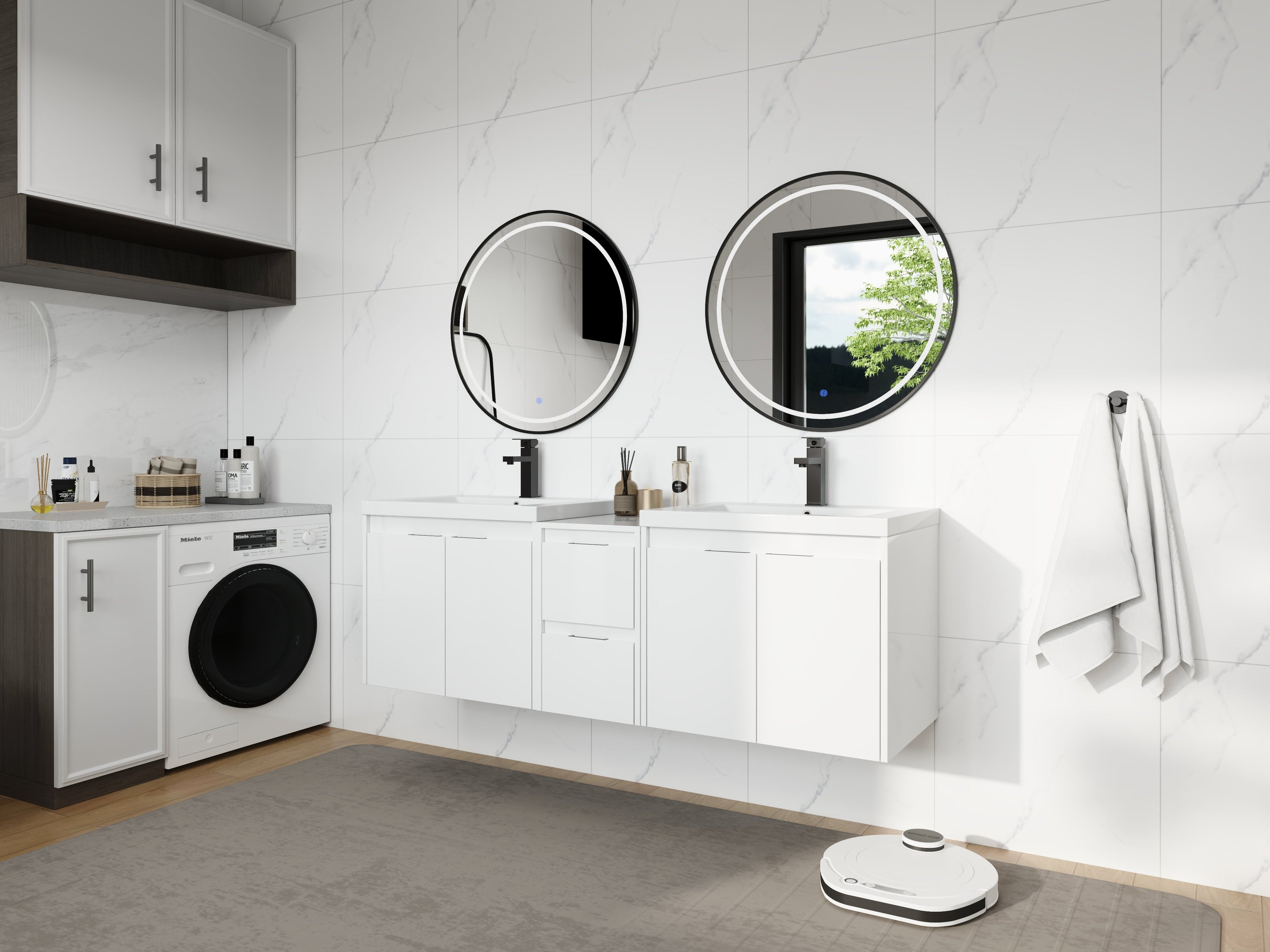60" Bathroom Vanity With Resin Sink, Soft Close Doors and 1-Side Cabinet, Float Mounting Design, Glossy