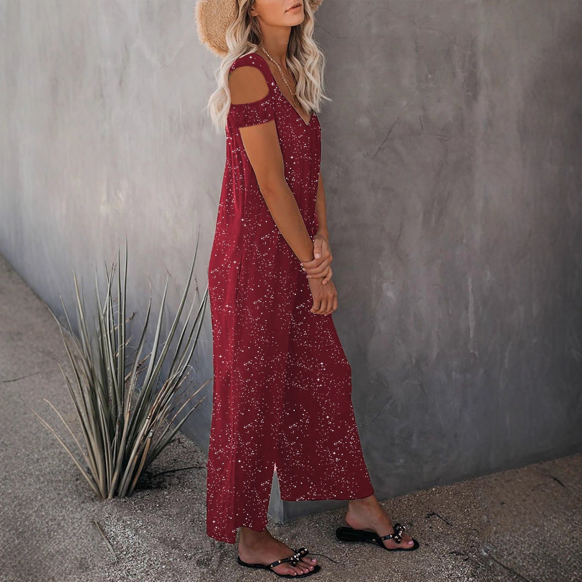 Fashionable Off-shoulder Sexy Powder-dusting Strap Jumpsuit With Long Pants