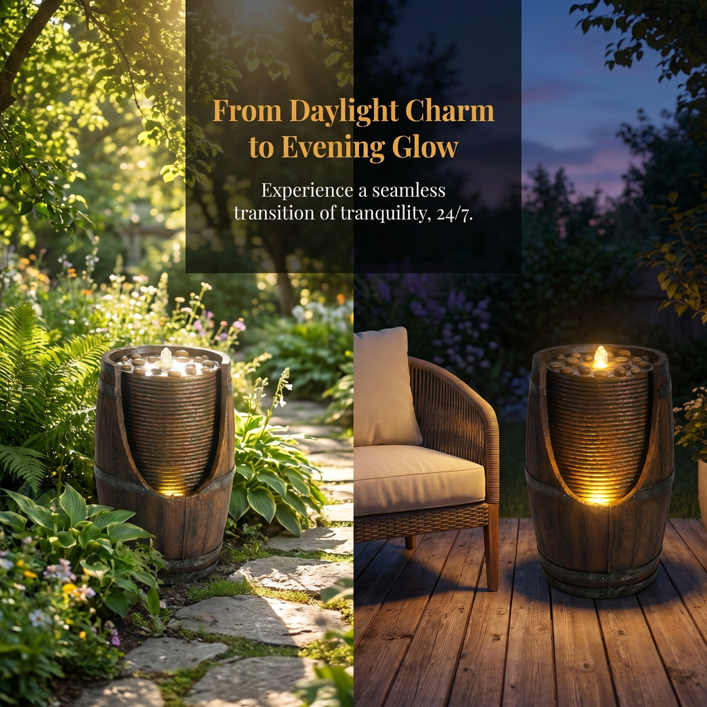 Outdoor Barrel Water Fountain with Lights