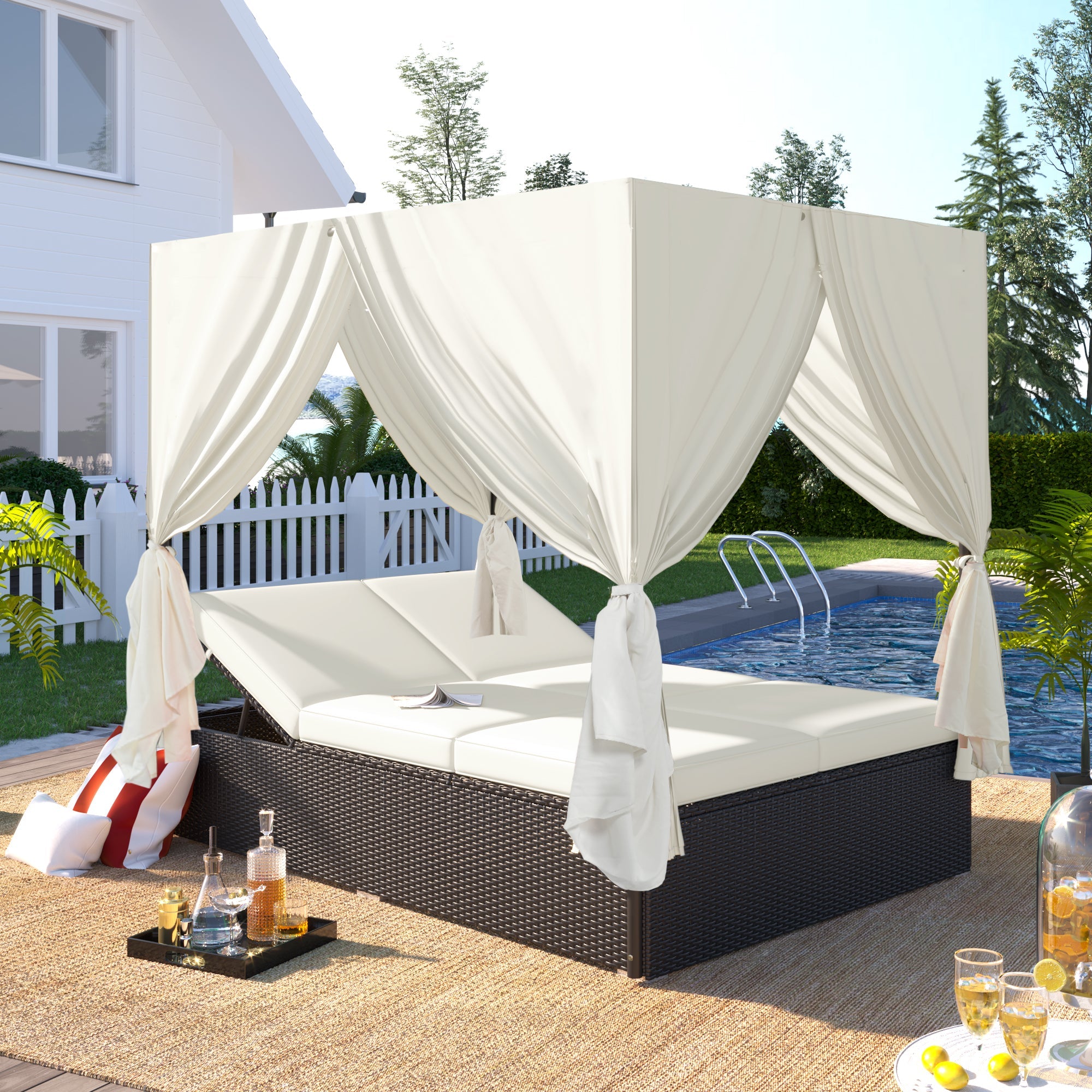 U_Style Outdoor Double Chaise Lounge Daybed with Curtains