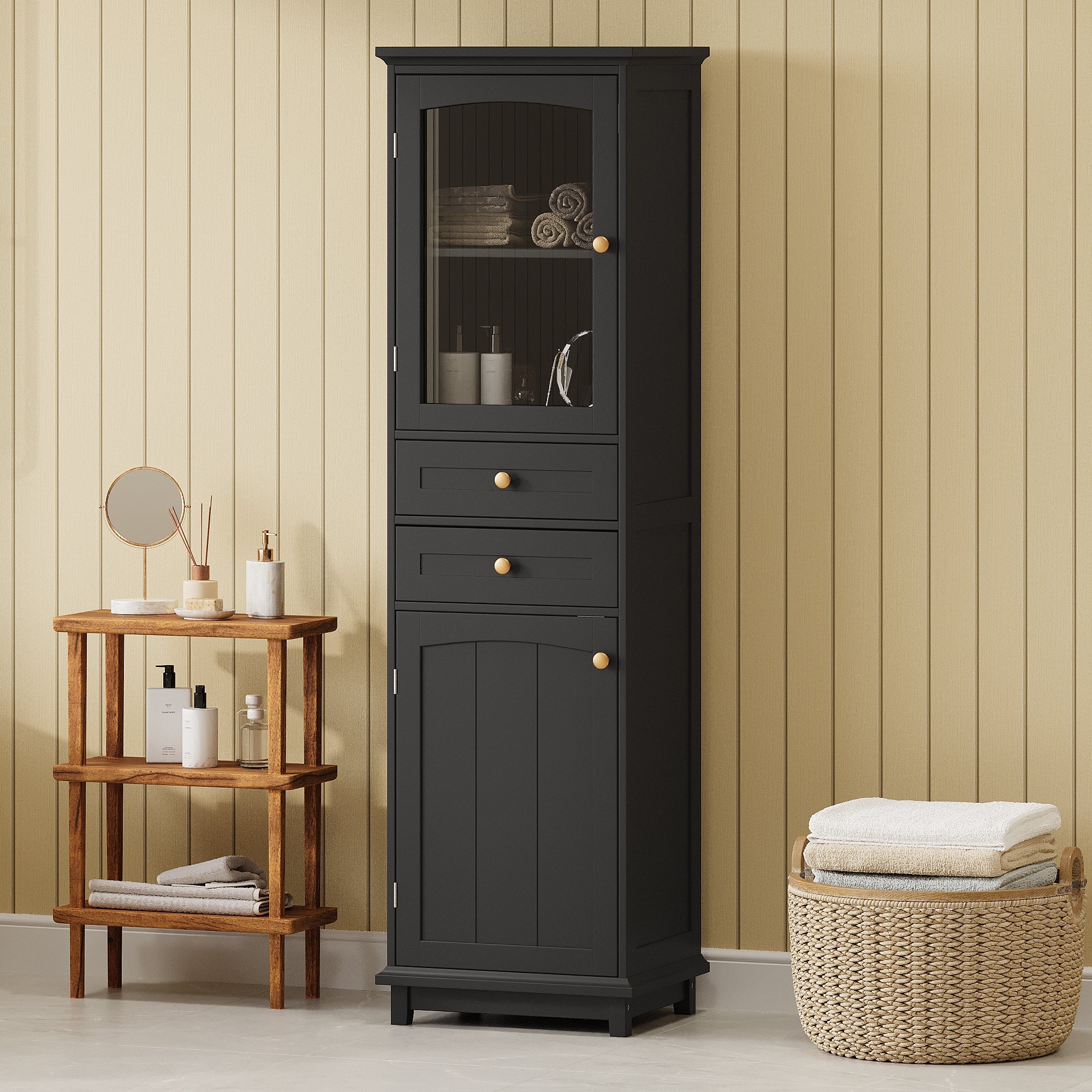 63" Tall Bathroom Storage Cabinet with Glass Doors