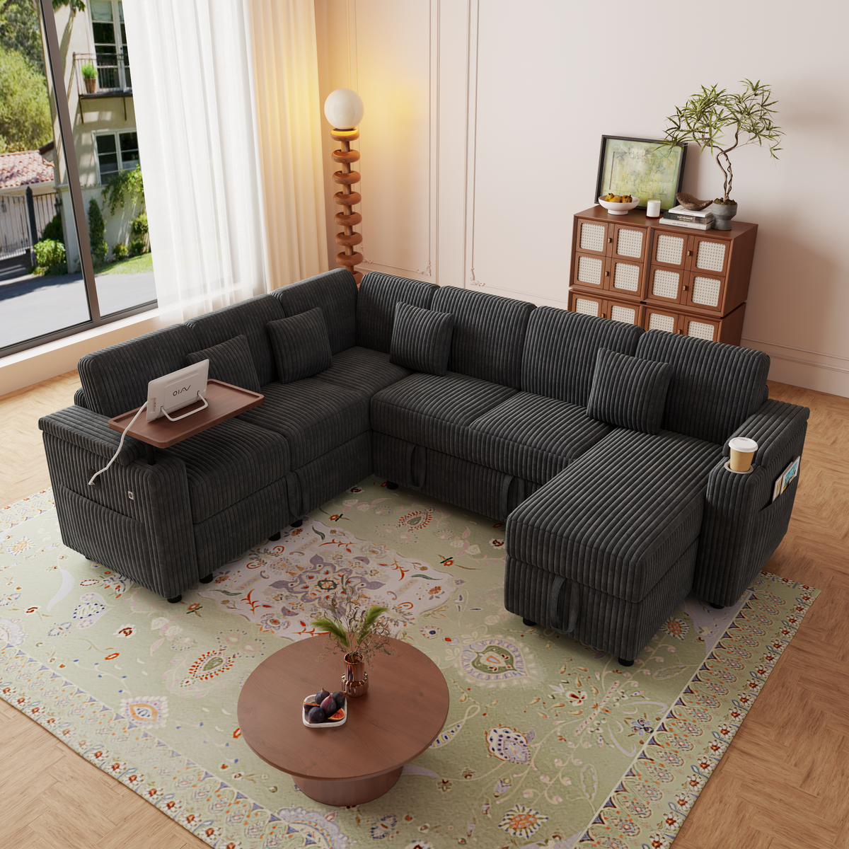100-Inch Pull-Out Sofa with USB Ports, Table Board & Cup Holder