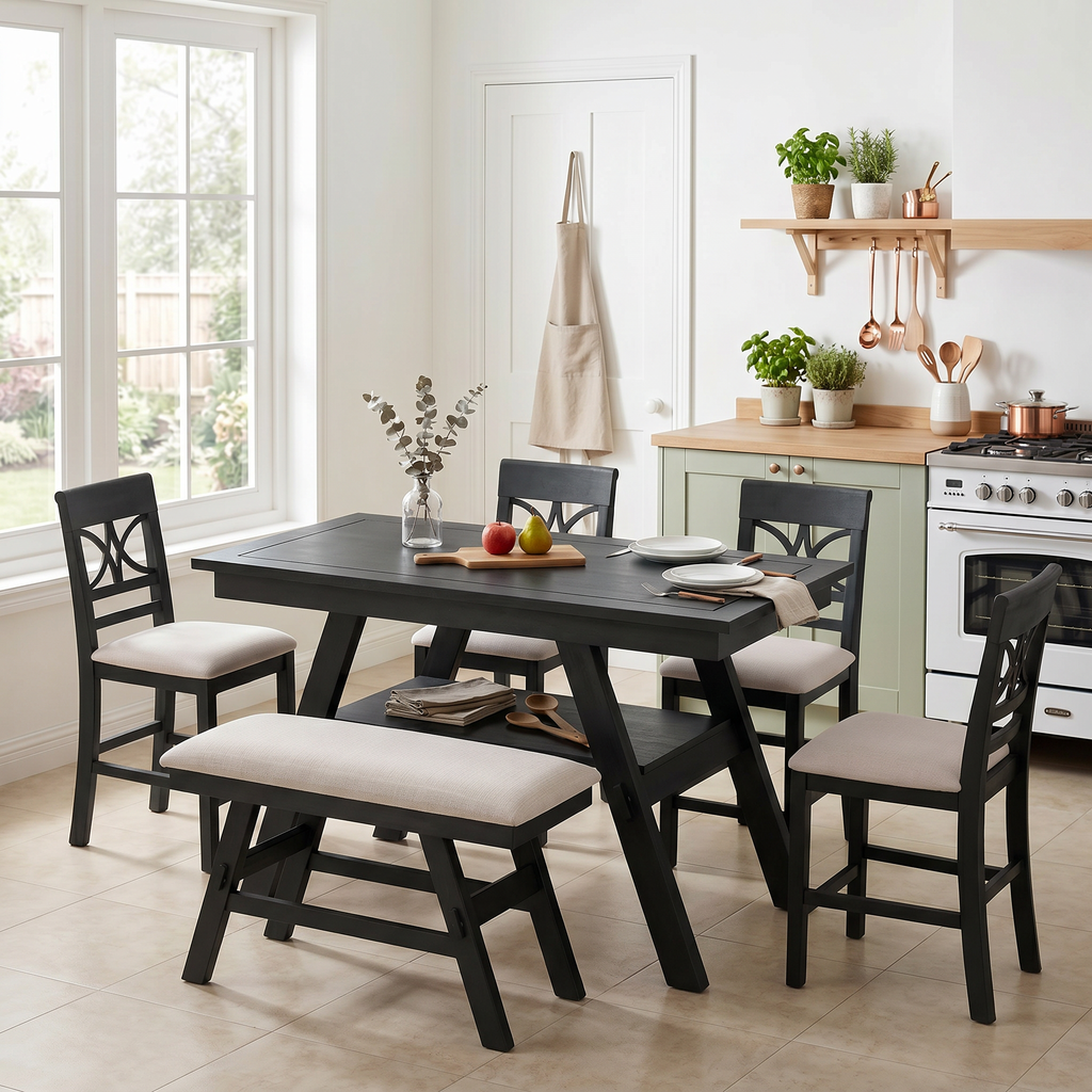 TOPMAX 6-Piece Wood Counter Height Dining Table Set with Storage Shelf