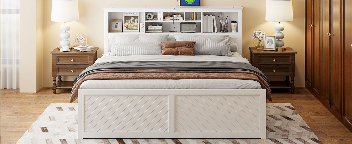 King Size Wood Platform Bed with Multi-storage Headboard, USB and Drawers