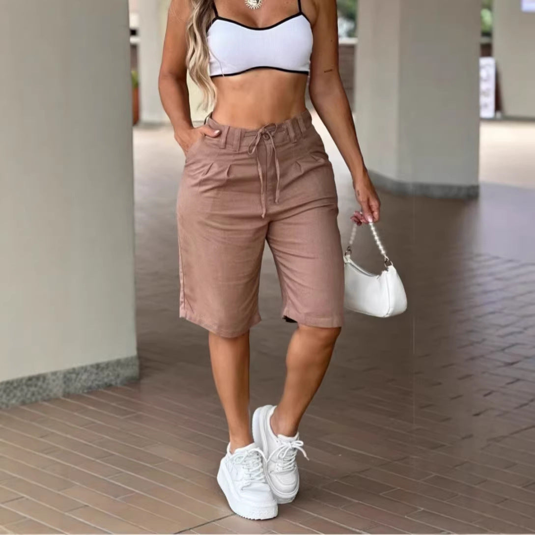 Womens Fashionable Casual Solid-Color Drawstring Shorts