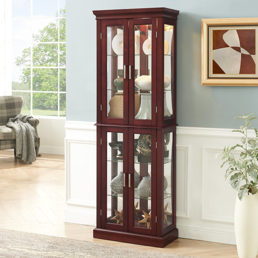 Lighted Curio Cabinet with Adjustable Shelves and Mirrored Back