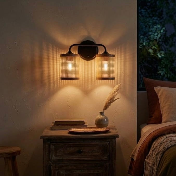 Quell Double Light Vanity With Natural Rattan Shade