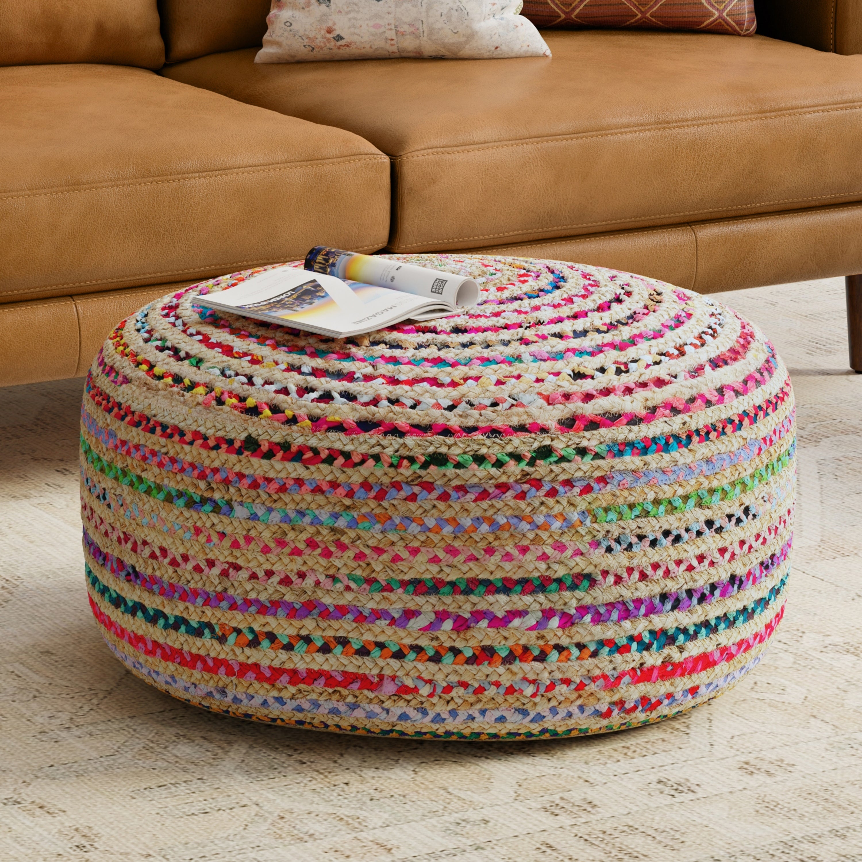 Margo 30 Inch Wide Round Pouf in Multi-Color Handwoven Jute and Cotton