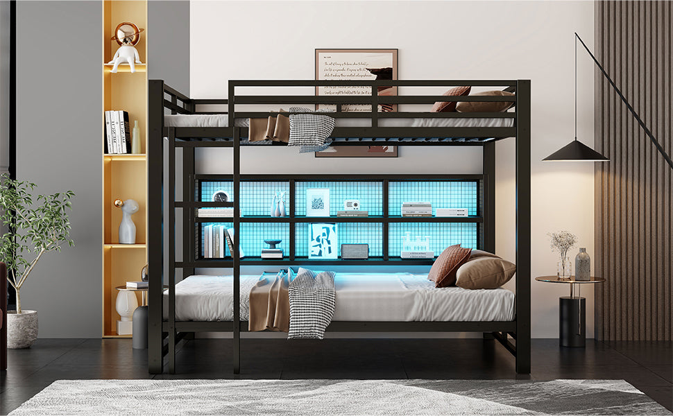 Metal Queen Over Queen Bunk Bed with Storage Cabinets and LED