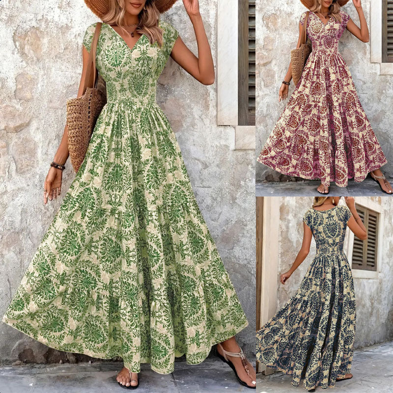 2026 Amazon Cross-Border Export Retro Printed Dress Fashionable And Elegant V Neck Short-Sleeved Dress Women's Dress