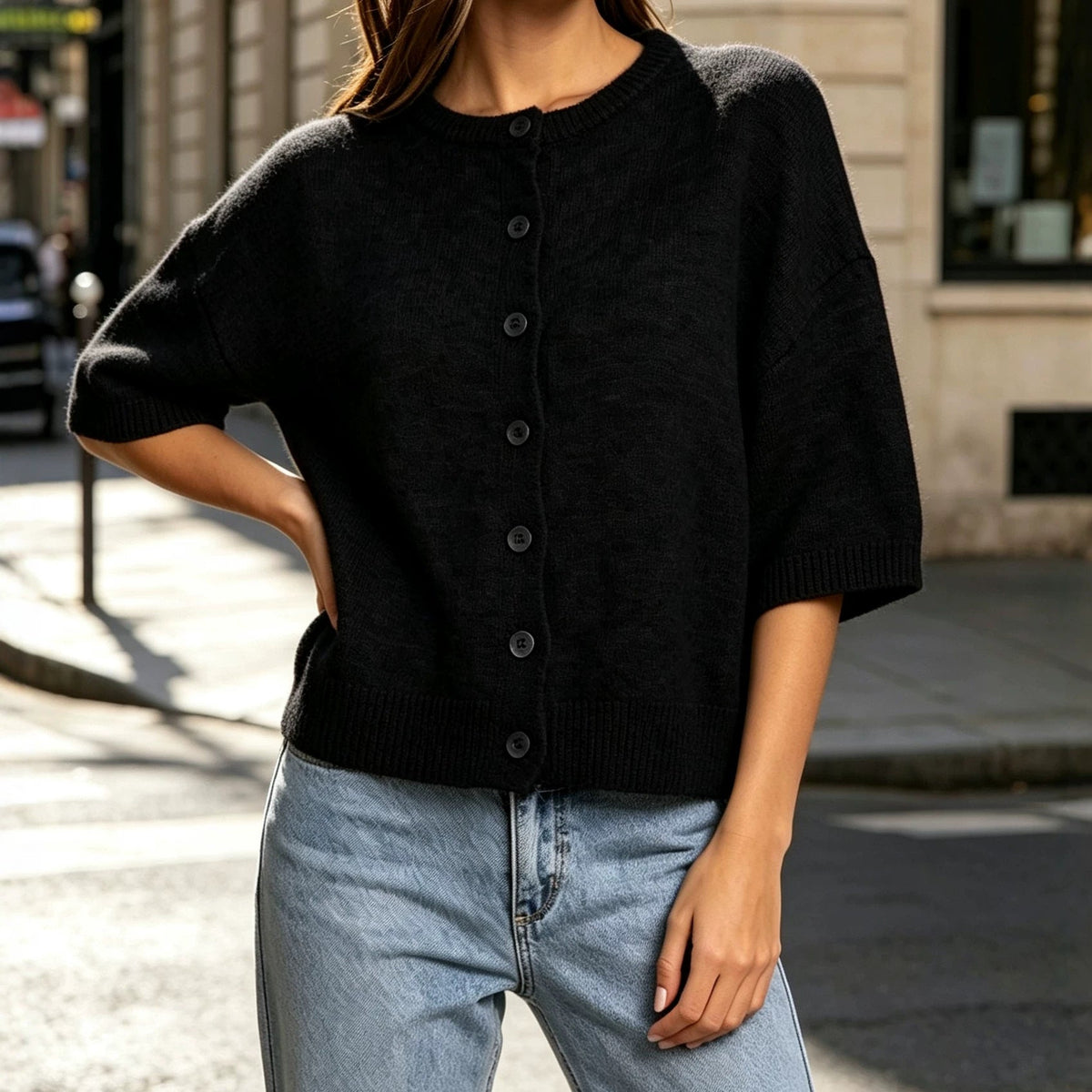 2026 Autumn Cross Border Round Neck Mid Sleeve Knitted Wool Cardigan Women's Loose Shoulder Button Sweater Women's Coat