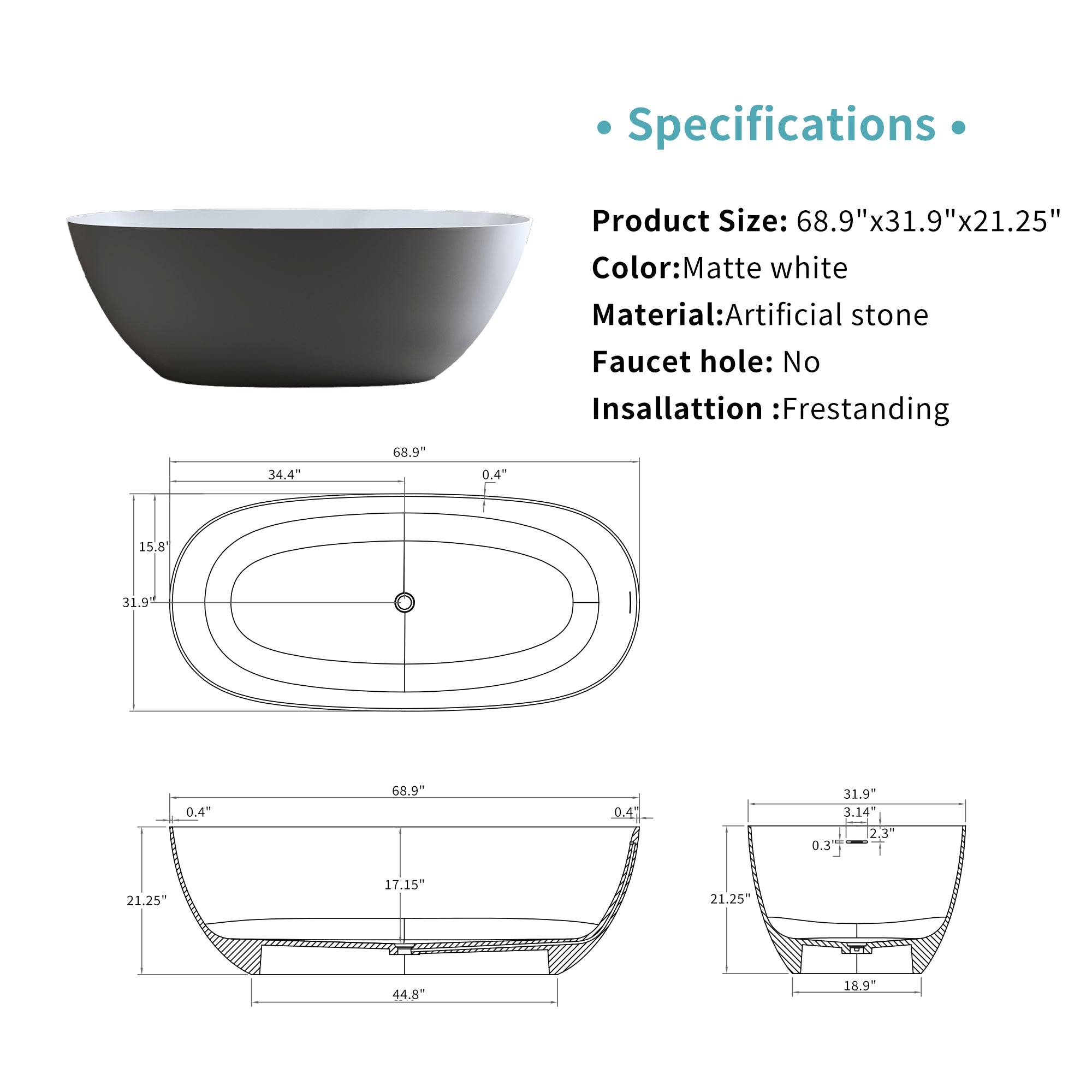 69'' Freestanding Bathtub Resin Stone Soaking Bathtub