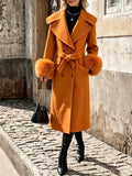 Women Belted Long Wool Coat Detachable Fur Cuffs