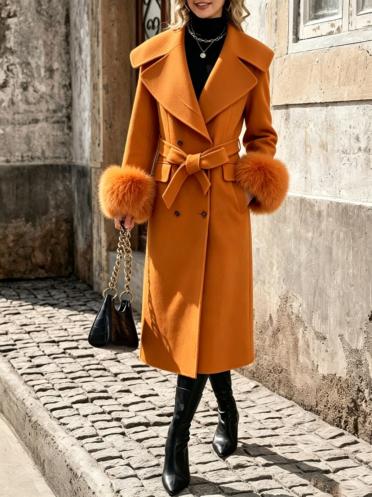 Women Belted Long Wool Coat Detachable Fur Cuffs