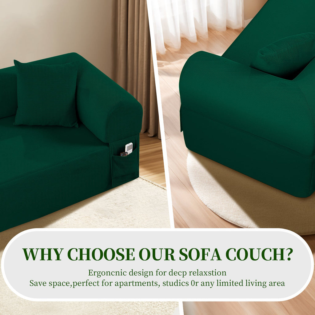 Spring Sofa with High-Quality Fabric, Pillows & Storage - Green