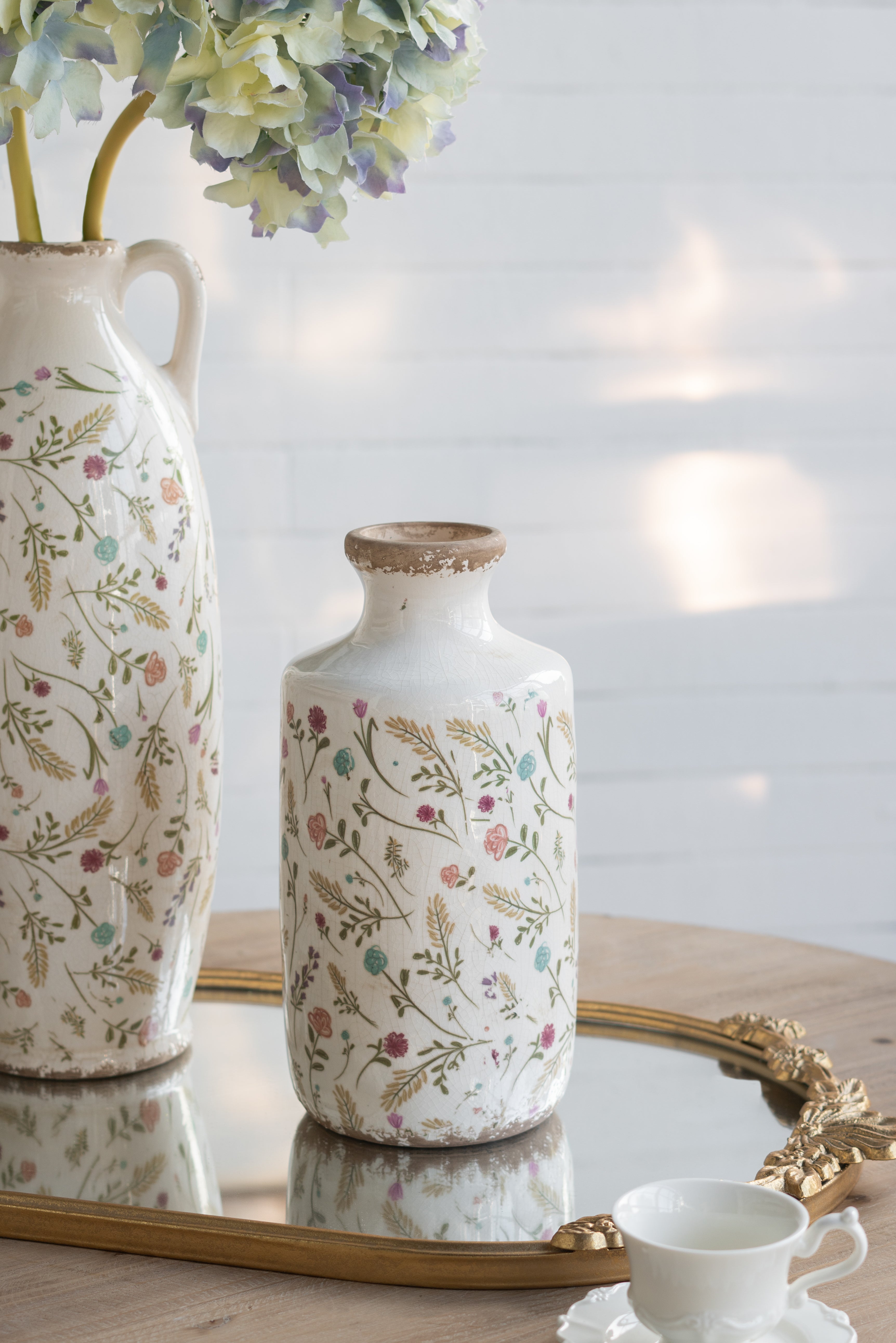D5.3x10.6" Ceramic Cylinder Vase with Multi-Colored Floral Motifs