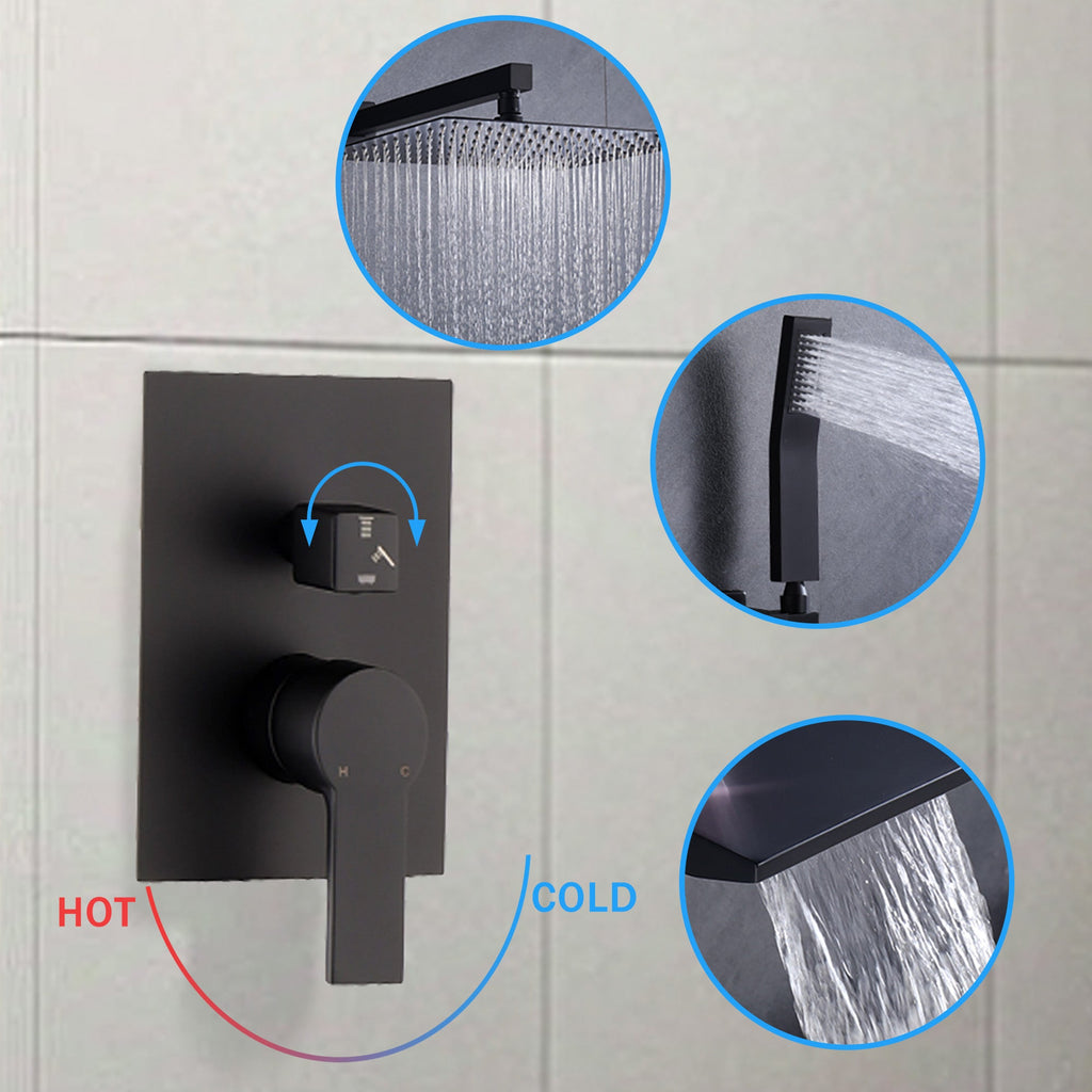 Black Shower Faucet Set with Rainfall Shower Head