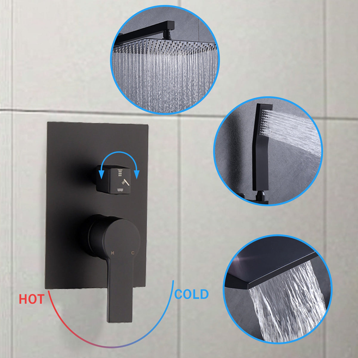 Black Shower Faucet Set with Rainfall Shower Head