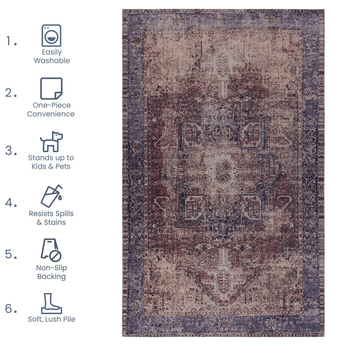 MAVAL Burgundy Washable Rug 5x8 Area Rug