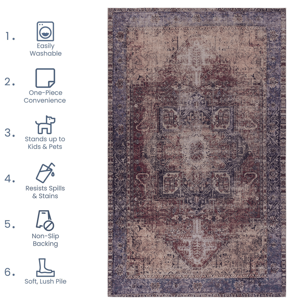 MAVAL Burgundy Washable Area Rug 4x6