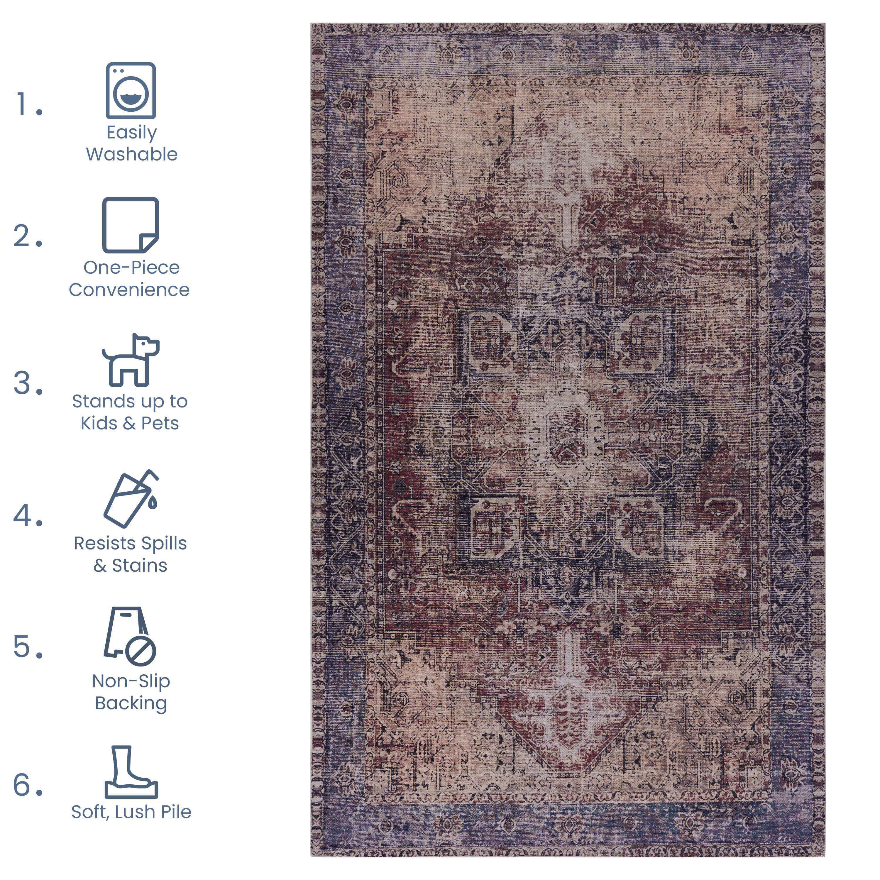 MAVAL Burgundy Washable Area Rug 4x6